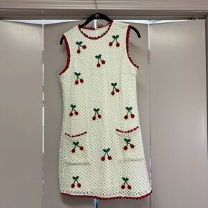 Saylor White Crochet Cherry Shift Dress - Red Trim